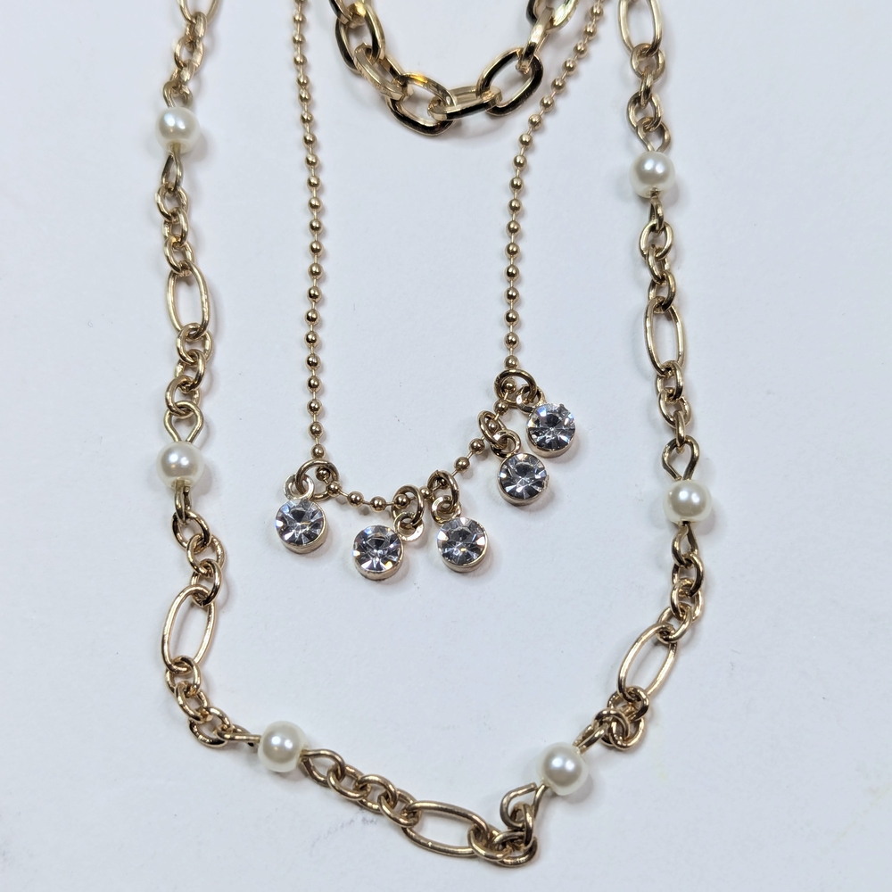 Triple Layer Gold Cable Bead Ball Figaro Chains Crystal & Pearl Necklace Jewelry